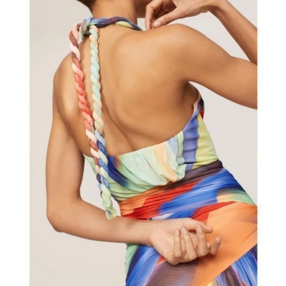 NICHOLAS Bristol Ruched Printed Mesh Halterneck Multicolor Slit Midi Dress - Picture 12 of 14